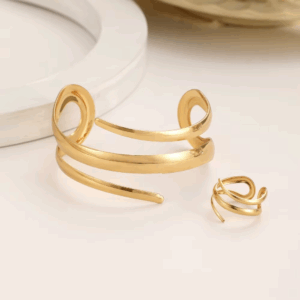 2 Pcs Set Exaggeration Personality Gold Color Spiral Multilayer Bracelet Ring for Women Party Commuting Charms Jewelry Sets Gift - Image 2