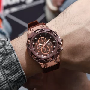 Men's Sports Watches Fashionable 2025 New Triple Bezel Design Quartz Watch Brown Silicone Military Clock Men Watches - Image 4
