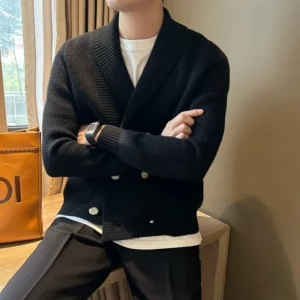 Vintage Heavy Weight Knitted Cardigan For Men Shawl Collar Double Breast Knitwear Autumn Winter Fashion Warm Sweater Streetwear - Image 2