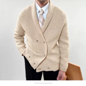 Vintage Heavy Weight Knitted Cardigan For Men Shawl Collar Double Breast Knitwear Autumn Winter Fashion Warm Sweater Streetwear - Image 3