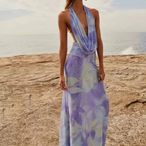 nibber Backless Halter 2Peice Set Woman Print Summer Swinging-Collar Bandage Tank Tops+Mesh Ruffles Tie-Dye Skirt Matching Suit - Image 3