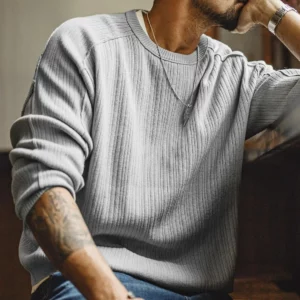 Maden Men's Vintage Striped Cotton Knitted Sweater Gray Long Sleeve Patchwork Pullover Casual Knitwear Tops for Fall Spring - Image 3