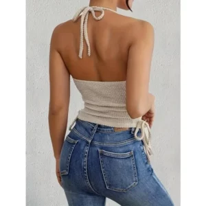 Fashion Knitted Backless Sling Vest Halter Camisole Ladies Sleeveless Slim Fit Crop Tops Women's Summer All-Match Basic Blouses - Image 3