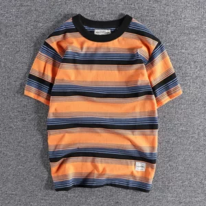 Summer Splicing Pure Cotton Stripe Short Sleeve T-shirt Streetwear Amekaji Heavyweight Casual Male Round Neck Tshirt Tops Tee - Image 2