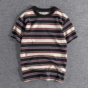 Summer Splicing Pure Cotton Stripe Short Sleeve T-shirt Streetwear Amekaji Heavyweight Casual Male Round Neck Tshirt Tops Tee - Image 3
