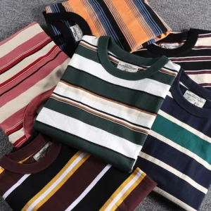 Summer Splicing Pure Cotton Stripe Short Sleeve T-shirt Streetwear Amekaji Heavyweight Casual Male Round Neck Tshirt Tops Tee - Image 4