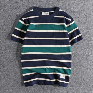Summer Splicing Pure Cotton Stripe Short Sleeve T-shirt Streetwear Amekaji Heavyweight Casual Male Round Neck Tshirt Tops Tee - Image 7