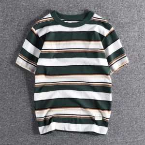 Summer Splicing Pure Cotton Stripe Short Sleeve T-shirt Streetwear Amekaji Heavyweight Casual Male Round Neck Tshirt Tops Tee - Image 6