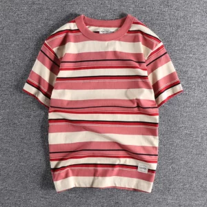 Summer Splicing Pure Cotton Stripe Short Sleeve T-shirt Streetwear Amekaji Heavyweight Casual Male Round Neck Tshirt Tops Tee - Image 5
