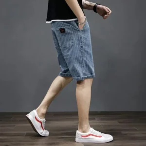 Summer Men's Denim Cropped Pants Men's Loose Korean Style Trendy Medium Shorts Striped Harlen Large Size Ripped Breeches Outfit - Image 2