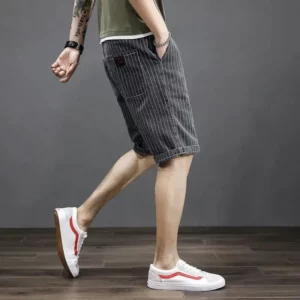 Summer Men's Denim Cropped Pants Men's Loose Korean Style Trendy Medium Shorts Striped Harlen Large Size Ripped Breeches Outfit - Image 3