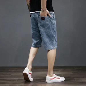 Summer Men's Denim Cropped Pants Men's Loose Korean Style Trendy Medium Shorts Striped Harlen Large Size Ripped Breeches Outfit - Image 4