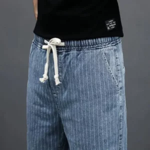 Summer Men's Denim Cropped Pants Men's Loose Korean Style Trendy Medium Shorts Striped Harlen Large Size Ripped Breeches Outfit - Image 5