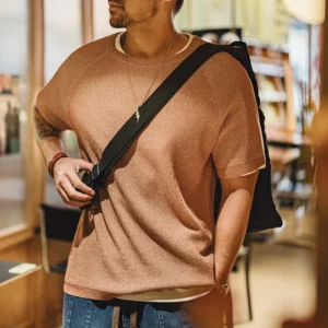 Maden New Vintage Orange Knitted Short Sleeve T-Shirt Men's Summer Loose Fit Ribbed Crew Neck Tee Breathable Casual Street Tops - Image 2