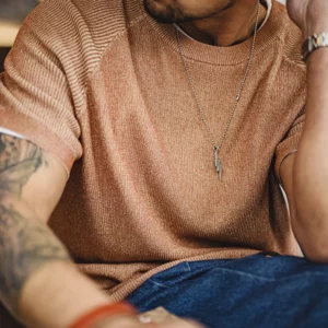 Maden New Vintage Orange Knitted Short Sleeve T-Shirt Men's Summer Loose Fit Ribbed Crew Neck Tee Breathable Casual Street Tops - Image 3