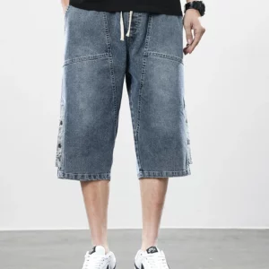Summer Men's Jeans Denim Breeches Calf-Length Casual Shorts Washed Cotton Drawstring Straight Capris Pants Big Size 8XL - Image 2