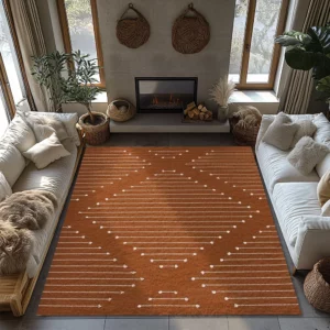Orange Geometric Bohemian Rug, White Line Pattern Non-Slip Carpet, Modern Living Room Mat for Cozy Home Decor - Image 3