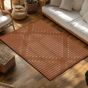 Orange Geometric Bohemian Rug, White Line Pattern Non-Slip Carpet, Modern Living Room Mat for Cozy Home Decor - Image 4