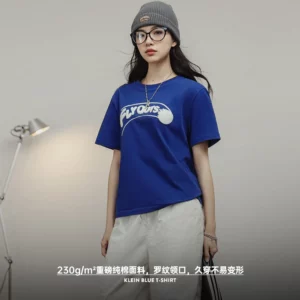 Maden Women's Klein Blue Short Sleeve T-Shirt for Summer with Cotton Baseball Shirt and Ribbed Round Neck Loose Casual Tops - Image 4
