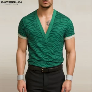 INCERUN Summer Men T Shirt Printing Patchwork V Neck Short Sleeve Male Tee Tops Streetwear 2025 Fashion Casual Men Clothing - Image 2