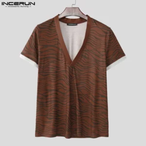 INCERUN Summer Men T Shirt Printing Patchwork V Neck Short Sleeve Male Tee Tops Streetwear 2025 Fashion Casual Men Clothing - Image 3