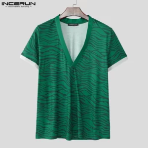 INCERUN Summer Men T Shirt Printing Patchwork V Neck Short Sleeve Male Tee Tops Streetwear 2025 Fashion Casual Men Clothing - Image 5