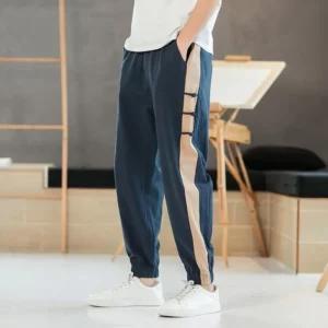 Summer Loose Breathable Chinese Style Cotton Linen Casual Haren Pants Men's Patchwork Pockets Straight Vintage Sports Trousers - Image 3