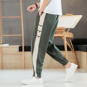 Summer Loose Breathable Chinese Style Cotton Linen Casual Haren Pants Men's Patchwork Pockets Straight Vintage Sports Trousers - Image 4