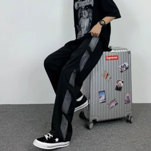 Preppy Style Student Loose Side Striped Printed High Street Wide Leg Sports Pants Men Elastic Waist Pockets Straight Trousers - Image 5