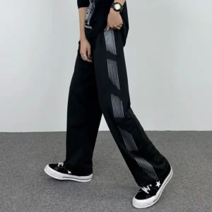 Preppy Style Student Loose Side Striped Printed High Street Wide Leg Sports Pants Men Elastic Waist Pockets Straight Trousers - Image 6
