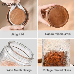 KEMORELA 1PC 700ml/1000ml Vintage Glass Storage Jar with Airtight Wooden Lid - Perfect for Tea Coffee Sugar Candy Cookies Spices - Image 2
