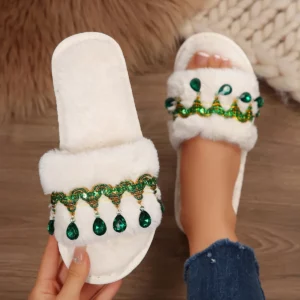 Bohemia Rhinestones Tassel Furry Indoor Slippers Women 2025 Winter Warm Short Plush Non Slip Home Slippers White Cotton Slides - Image 6
