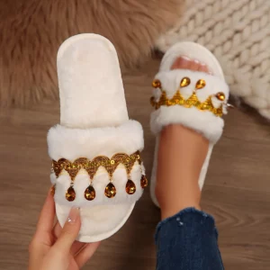 Bohemia Rhinestones Tassel Furry Indoor Slippers Women 2025 Winter Warm Short Plush Non Slip Home Slippers White Cotton Slides - Image 4