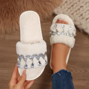 Bohemia Rhinestones Tassel Furry Indoor Slippers Women 2025 Winter Warm Short Plush Non Slip Home Slippers White Cotton Slides - Image 3