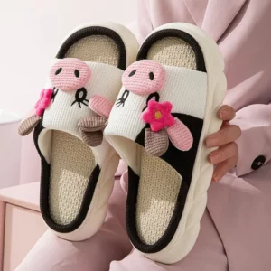 Women's House Slippers New Cartoon Shoes Spring Summer Indoor Non-Slip Linen Slippers Woman Breathable Soft Sole Platform Slides - Image 3