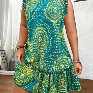 Plus Size 2025 Summer New Women's Elegant Slim Fit Short Sleeve Dress - Black gold and red paisley print ruched hem Round Neck - Image 5