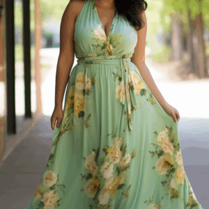 Flycurvy Plus Size Wedding Guest Sage Green Chiffon Floral Print Sleeveless Maxi Dress - Image 3