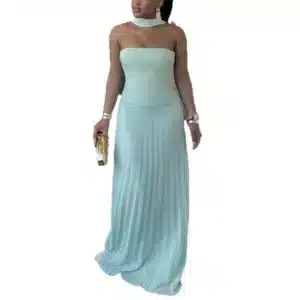 2025 Summer Hanging Neck Suspender Top High Waist Pleated Skirt Suit - Image 6