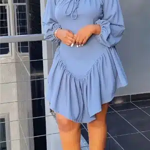 Chic Sweet Casual Off-the-Shoulder Dress with Patchwork Lace-Up Detail, Ruffles, and Solid Color Design - Image 4