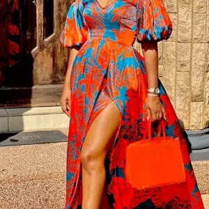 Women's Statement Floral Halter-Neck Side-Slit Short-Sleeve Maxi Dress - Image 2