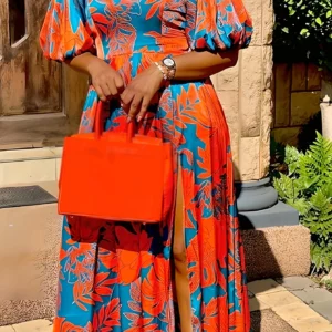 Women's Statement Floral Halter-Neck Side-Slit Short-Sleeve Maxi Dress - Image 3