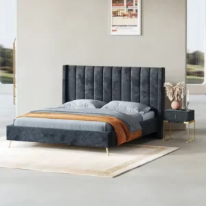 Modern King Size Black Velvet Bed With Storage Box High Headboard Wood Frame Bed Nightstands Bedroom Furniture - Image 3