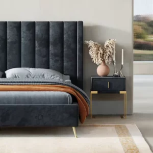Modern King Size Black Velvet Bed With Storage Box High Headboard Wood Frame Bed Nightstands Bedroom Furniture - Image 4
