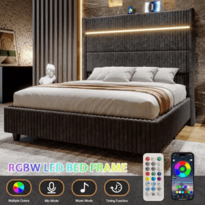 Queen Platform Bed Frame with LED Lights, Corduroy Upholstery, 60" Tall Wingback Headboard, and Built-in Charging Station - Image 3