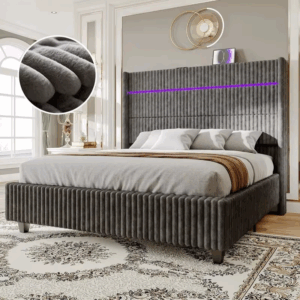 Queen Platform Bed Frame with LED Lights, Corduroy Upholstery, 60" Tall Wingback Headboard, and Built-in Charging Station - Image 5