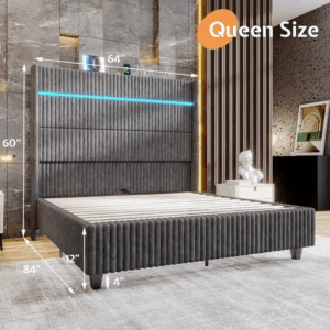 Queen Platform Bed Frame with LED Lights, Corduroy Upholstery, 60" Tall Wingback Headboard, and Built-in Charging Station - Image 6