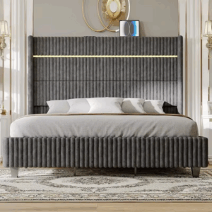 Queen Platform Bed Frame with LED Lights, Corduroy Upholstery, 60" Tall Wingback Headboard, and Built-in Charging Station - Image 7