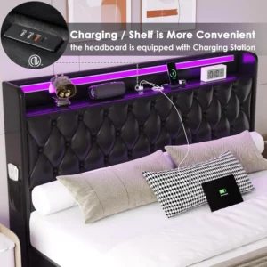 Bed Frame King Size with LED Lights, USB Charging Station Headboard Modern - Image 4