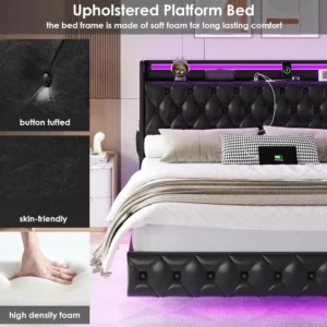 Bed Frame King Size with LED Lights, USB Charging Station Headboard Modern - Image 5
