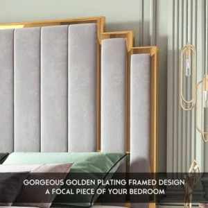Queen size upholstered bed frame, 61" headboard, golden plating trim, modern platform no box spring needed - Image 3